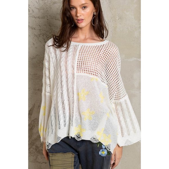 POL Balloon Sleeve Polar Neck Sweater – Floral Patch & Vintage Wash